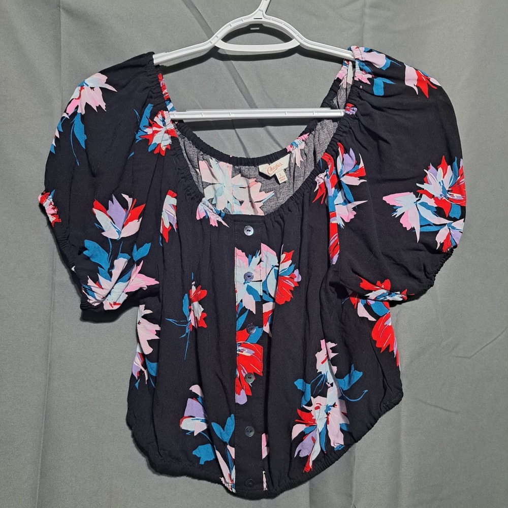 Candies Womens Large Black Floral Button Front Puff Sleeve‎ Square Neck Blouse
